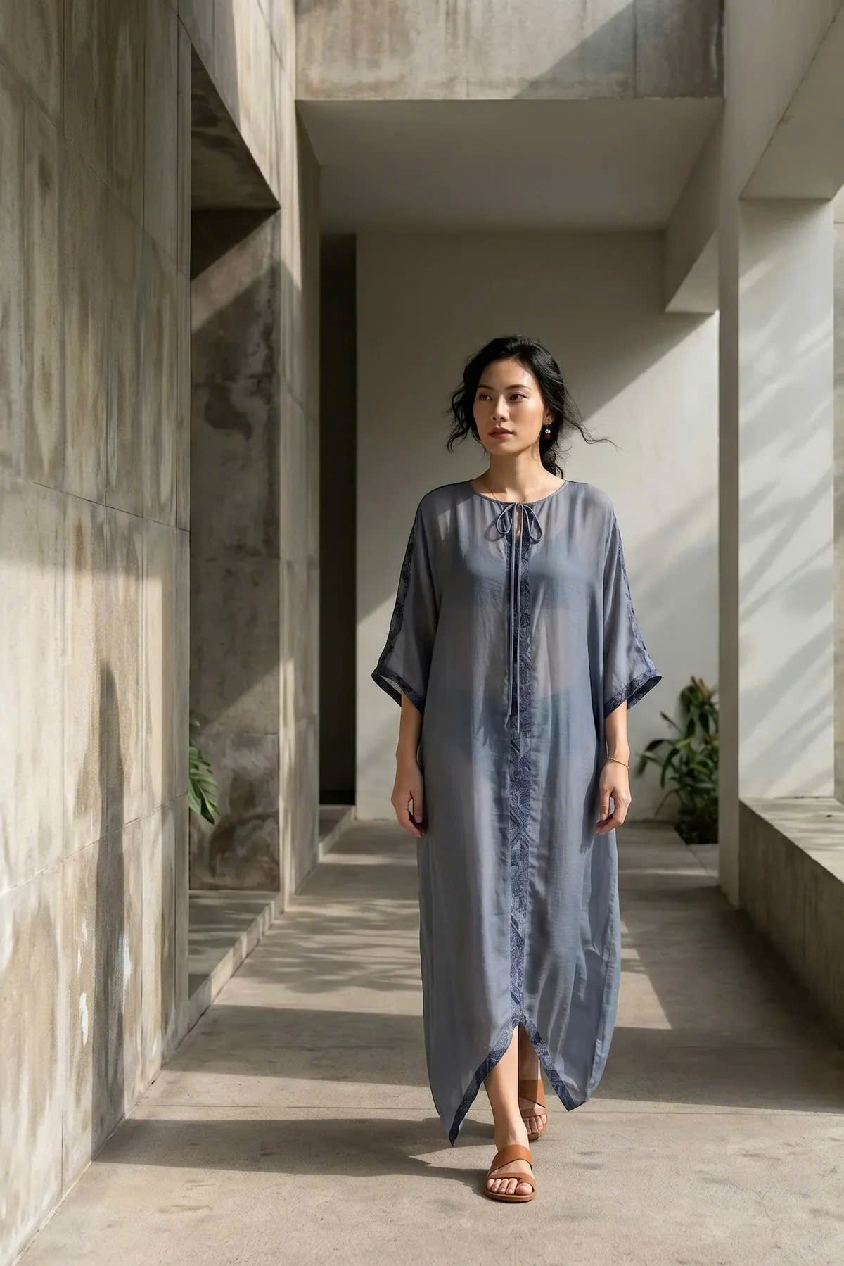 Đầm Suông Dài Kaftan Xanh Phối Hoạ Tiết Lam Vũ Dre240 thời trang Hity