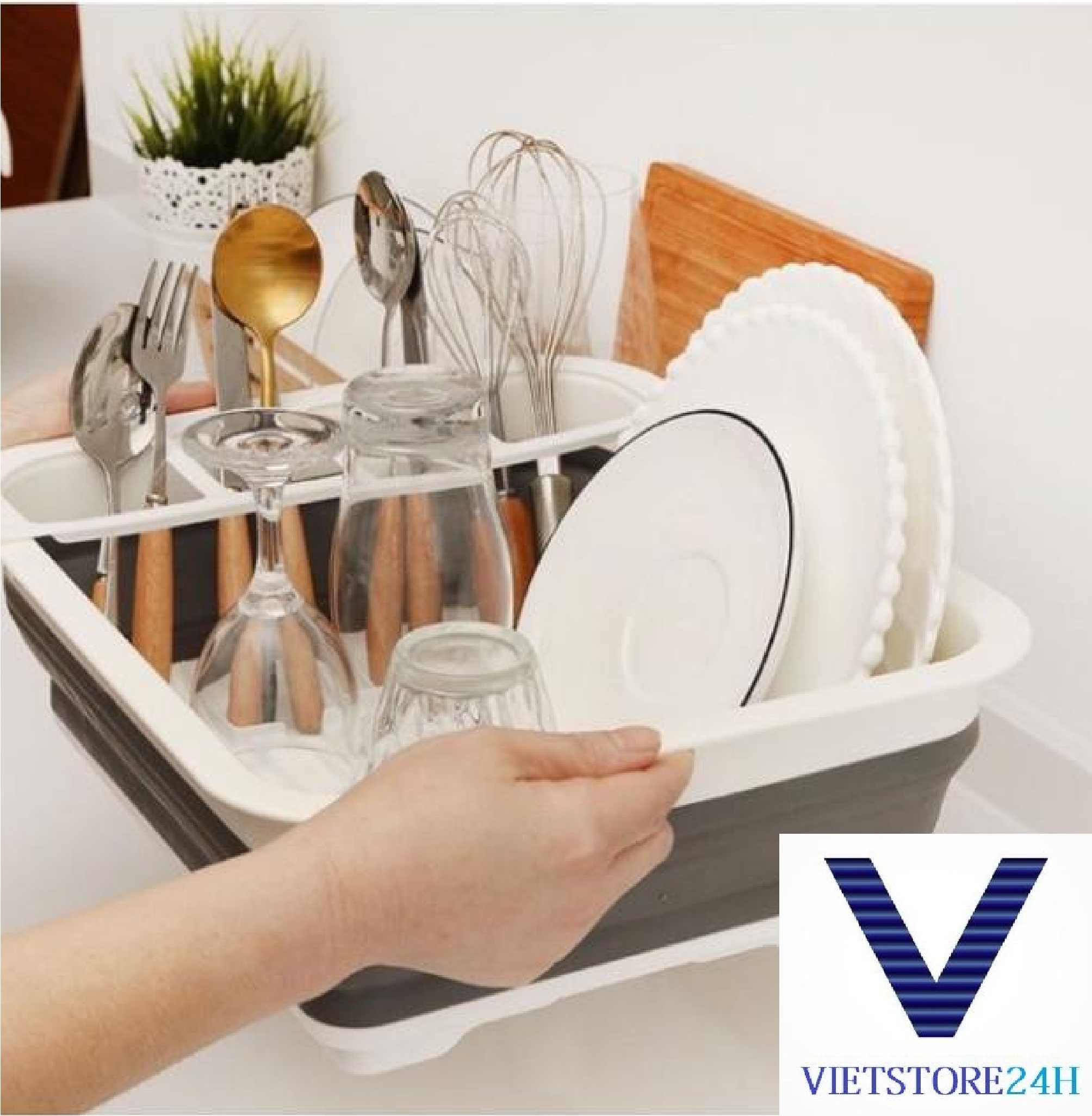 Giá úp chén kiêm rổ gấp gọn thông minh VT