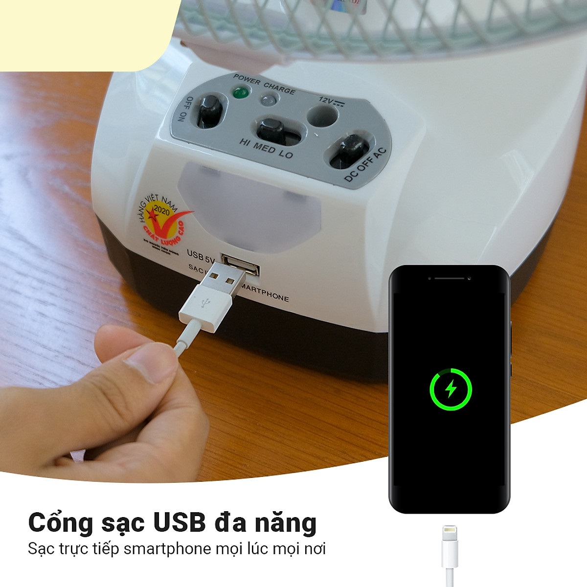 Quạt Sạc Tích Điện HJD-FL301 Tích Hợp Đèn LED Và Cổng Sạc USB - Hàng Chính Hãng