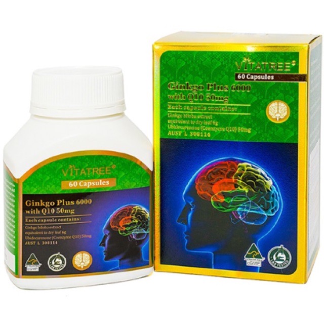 Viên uống Vitatree Ginkgo plus 6000 with Q10 50mg, hộp 60v, tăng cường tuần hoàn não