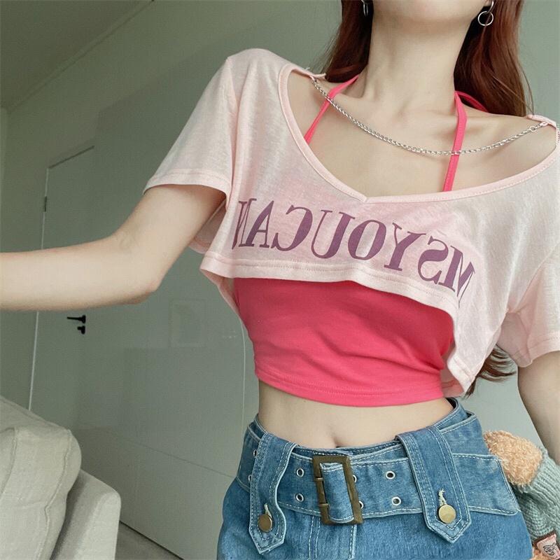 Set áo kiểu nữ áo ngoài croptop mix áo 2 dây yếm hot hit