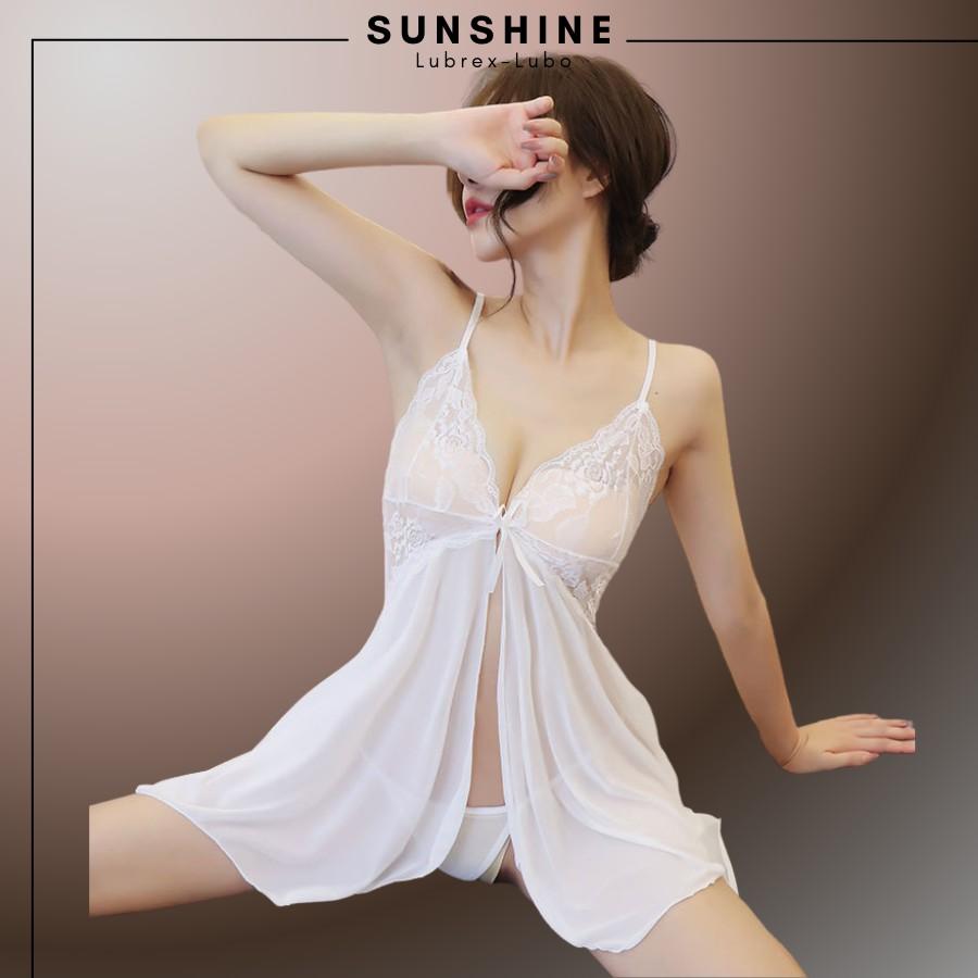 Váy ngủ sexy gợi cảm 2 dây xuyên thấu màu TRẮNG SUNSHINE LUBREX-LUBO hở trước SX1120