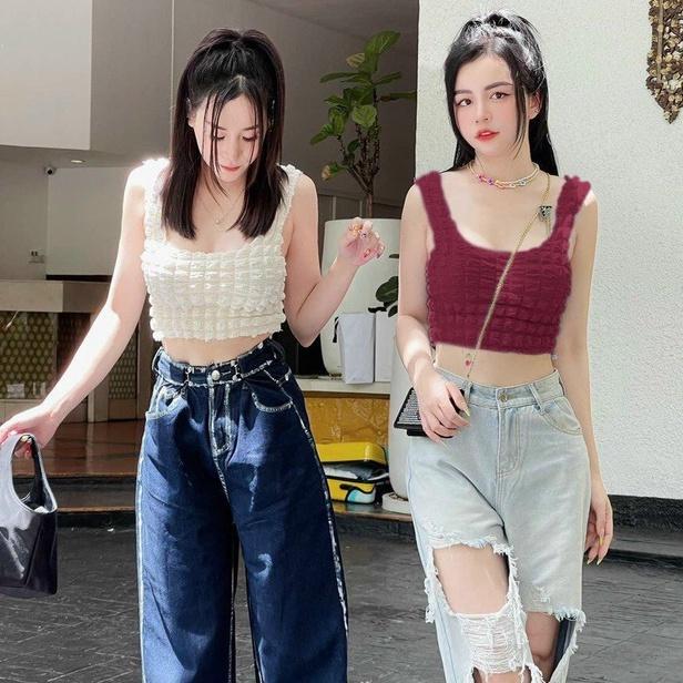 Áo 2 dây xốp phồng ô vuông bản to croptop balỗ đủ màu co giãn siêu xinh. MET SHOP