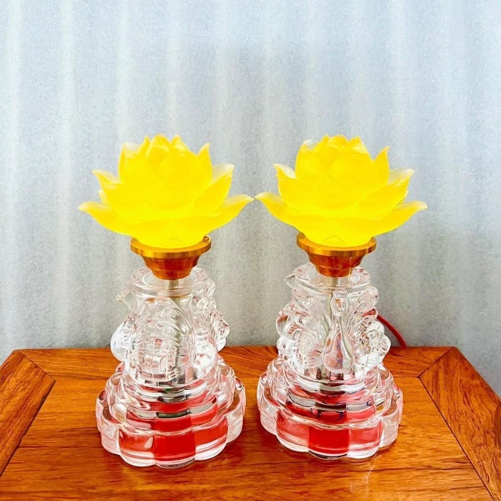 Đèn thờ hoa sen RỒNG VIỆT, Đèn thờ thân thuỷ tinh ánh sáng vàng cao cấp