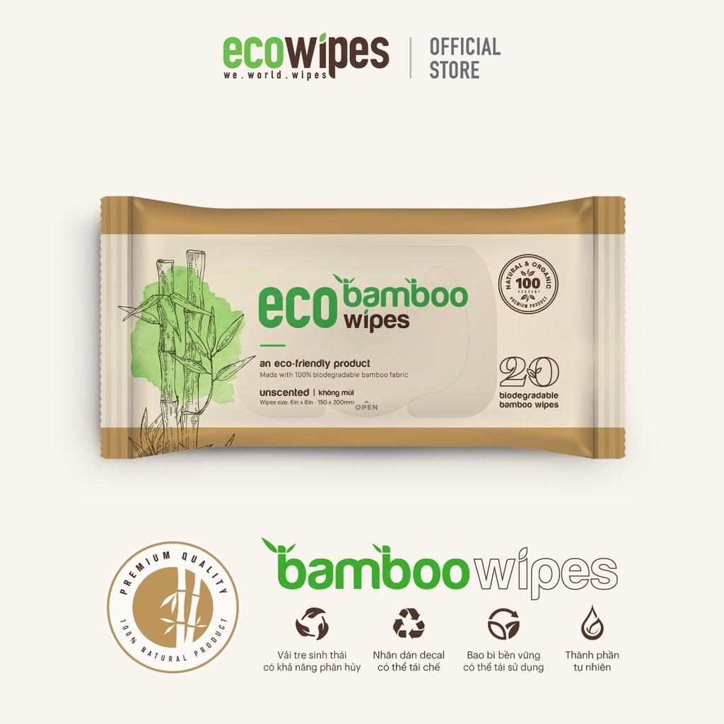 Combo 05 gói khăn giấy ướt cao cấp EcoWipes Bamboo gói 20 tờ vải sợi tre sinh thái không mùi có thể phân hủy