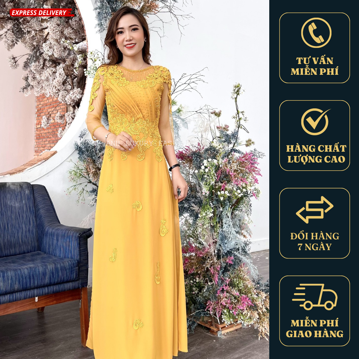 Váy Dạ Tiệc Áo Dài Vàng Trung Niên Đầm Dạ Hội Cao Cấp Trung Niên
