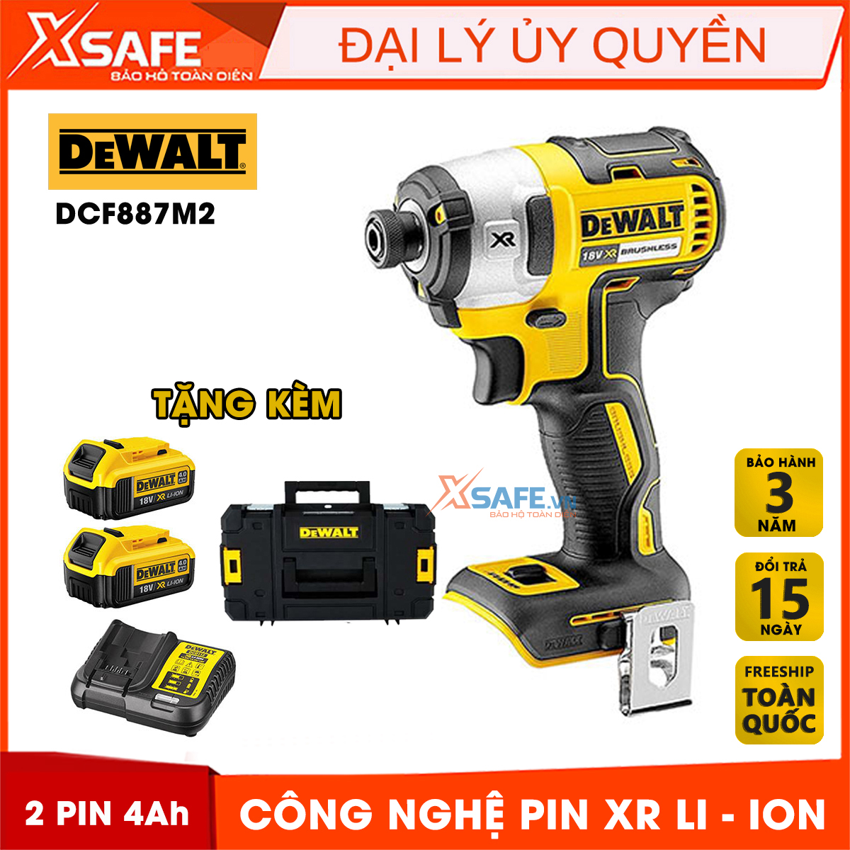 Máy vặn vít động lực dùng pin DEWALT DCF887M2 Tặng kèm 1 sạc, 2 pin 4A.h, 1 vali Máy dùng pin 18V chính hãng