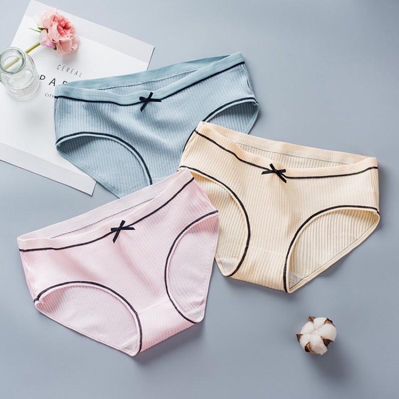 Quần Lót Nữ Cotton Tăm Cạp Nơ Phối Viền Đen khuẩn xuất Nhật