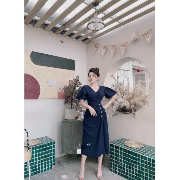 ĐẦM NỮ CỔ CHỮ V PHỐI NÚT V BÊN NHÚN BÊN SƯỜN