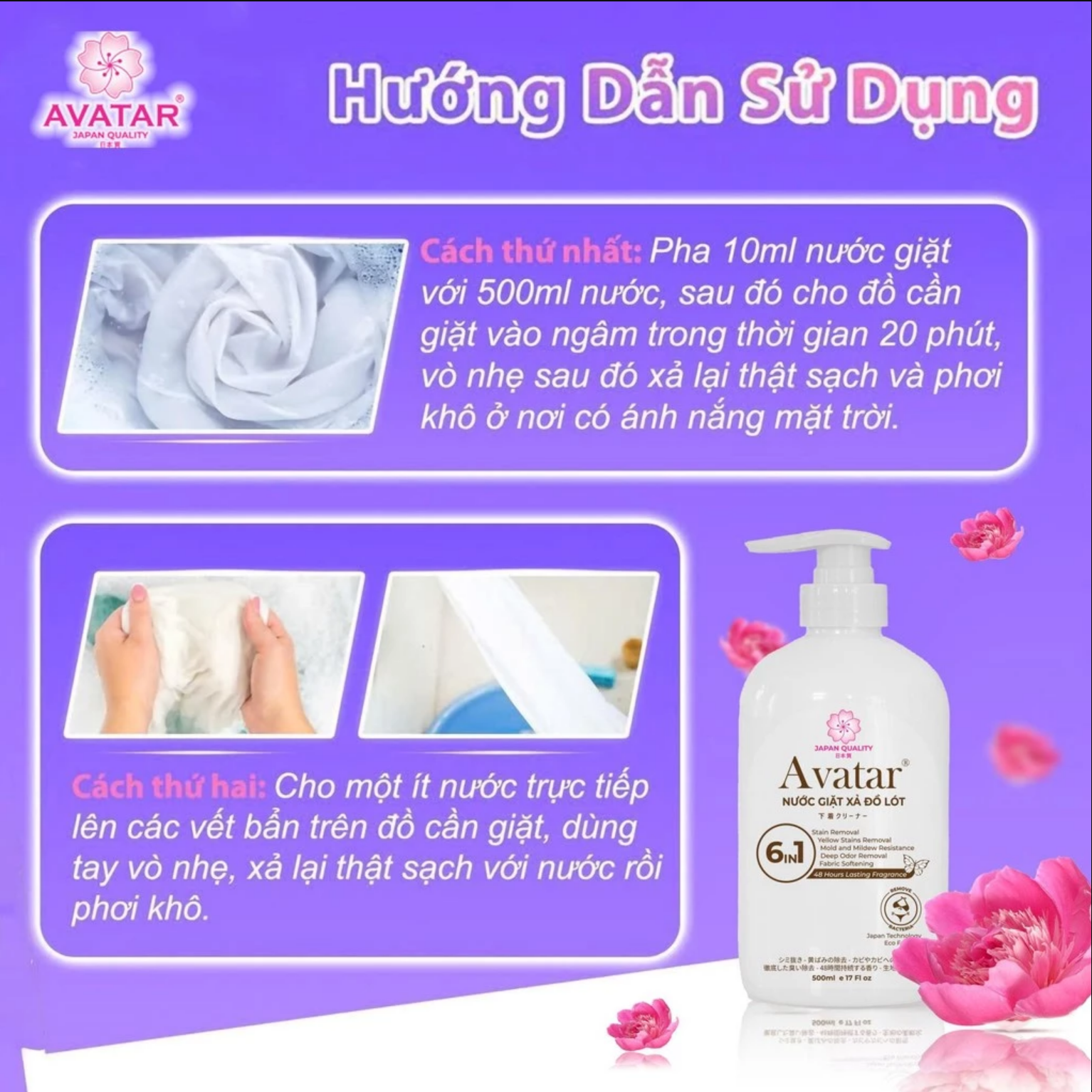 Nước giặt đồ lót AVATAR lưu hương 48 hours 6 in1 (Chai 500ML) - Hương Anh Đào Ngọt Ngào