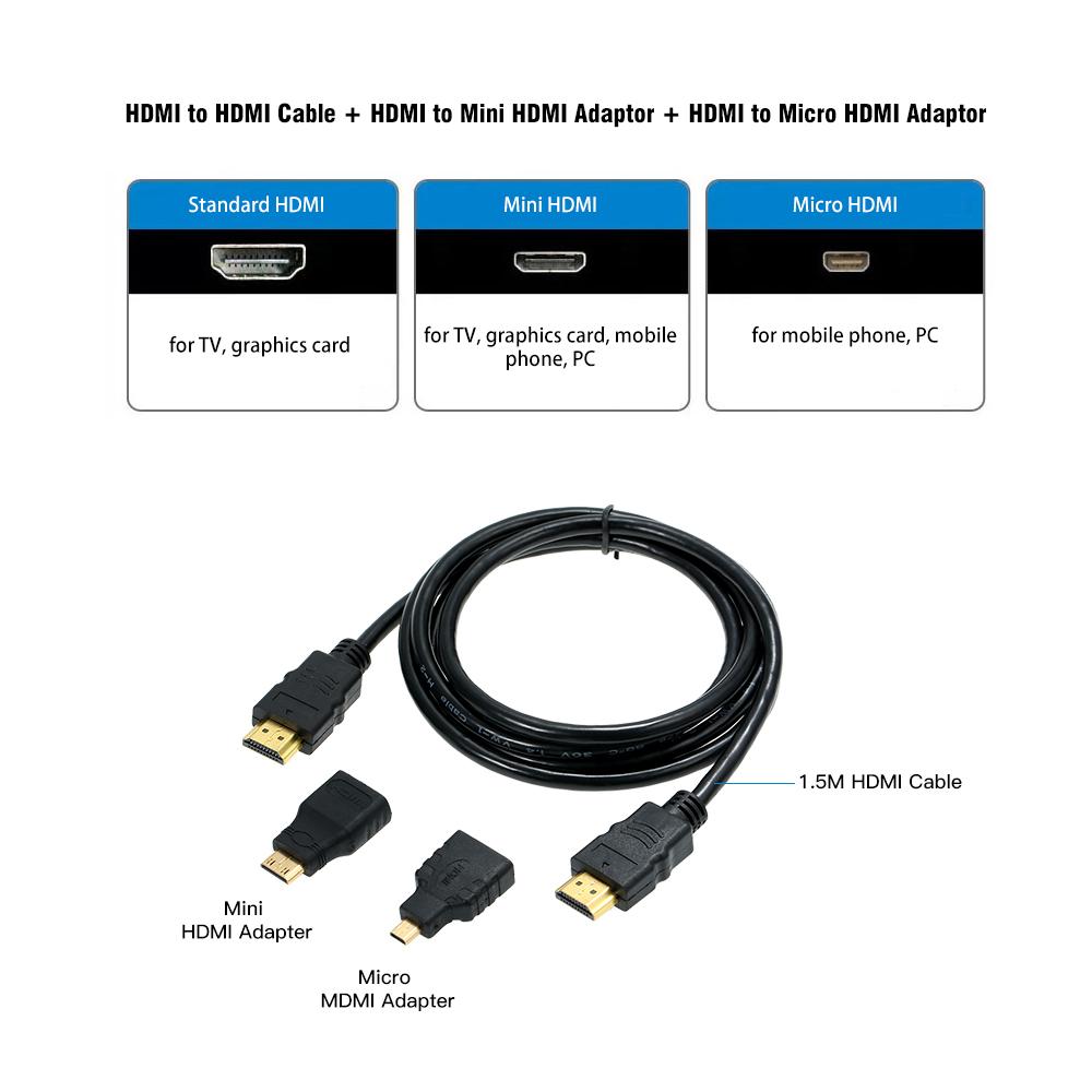 3 in 1 HD Cable Cord HD Male to Male Wire Line + Micro HD Adaptor + Mini HD Adapter 1.5M