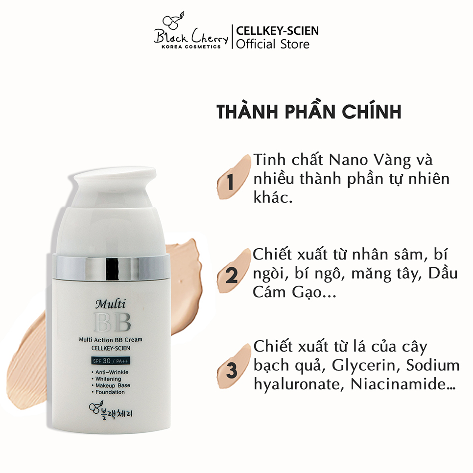 Kem Nền Che Khuyết Điểm Kiềm Dầu Chống Nắng Dưỡng Da Ngăn Ngừa Lão Hóa Công Nghệ Nano Vàng Cellkey-Scien Multi Action BB Cream (30ml)