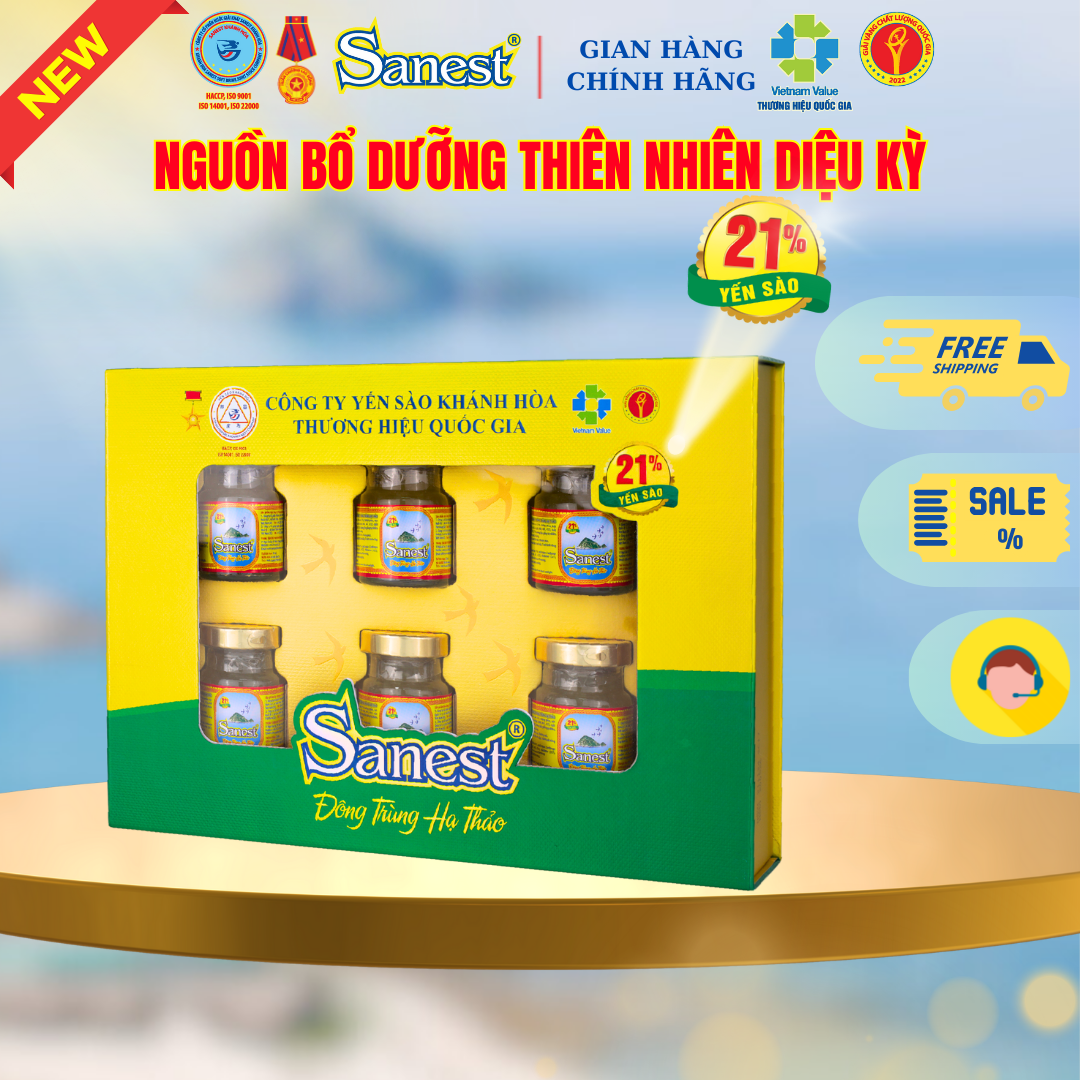 NEW [ Hộp quà tặng 6 lọ ] Nước Yến sào Khánh Hòa Sanest 21% - Đông Trùng Hạ Thảo