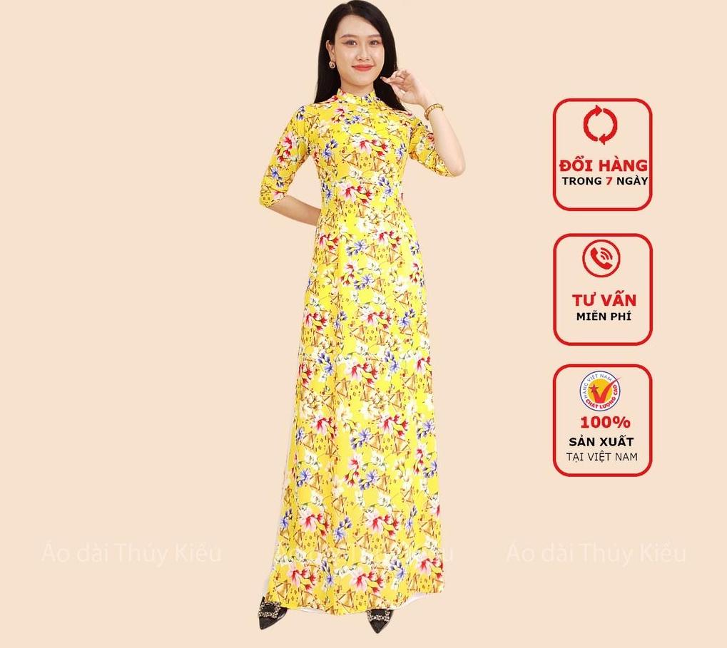 Áo dài in 3D lụa Nhật nền vàng hoa tam giác HN09