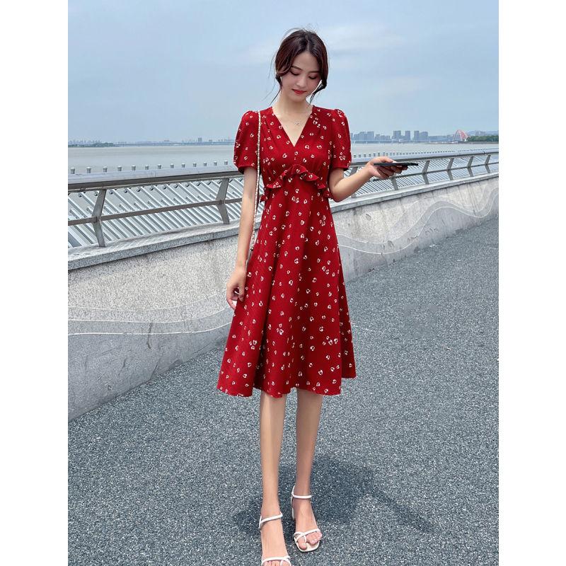 TOBE1SHOP Váy chiffon hoa nhỏ cho phụ nữ 2023 mùa hè Pháp màu đỏ khí chất cao eo mỏng váy