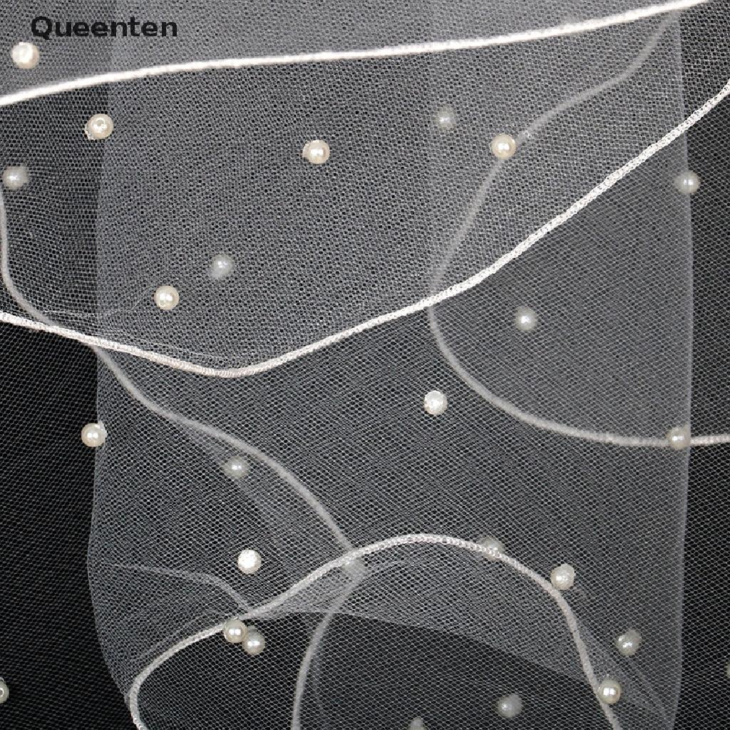 Queenten New Simple Ribbon Edge Wedding Veil With Pearls Short Bridal Veil Studio veil QT