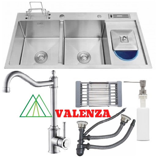 Combo chậu rửa bát 3 hố Valenza sus304 10048 cài dao thớt, vòi rửa bát nóng lạnh inox Valenza sus304 cổ điển, rổ inox đa năng, bình đựng xà phòng