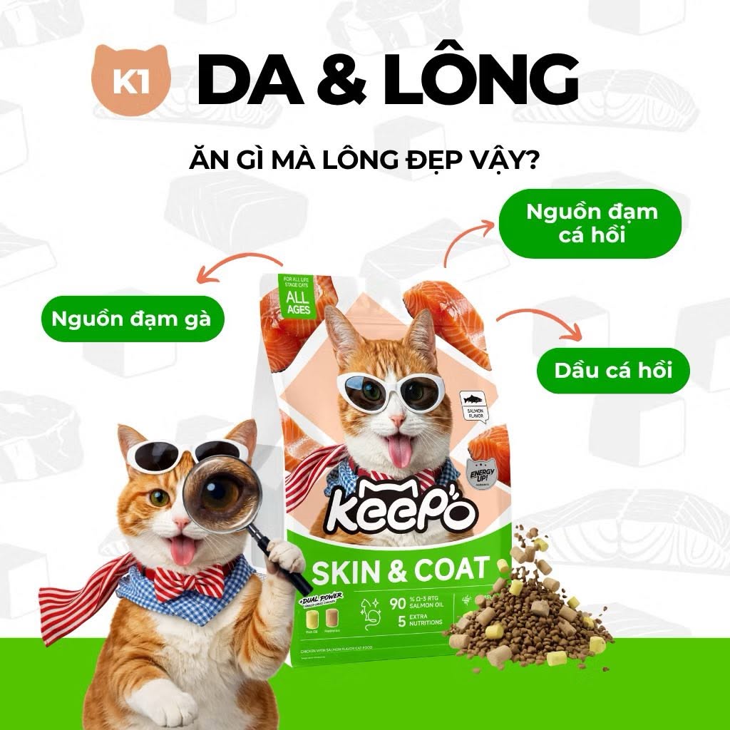 [SEAL 1KG] Hạt cho mèo Keepo K1 &amp; K2 - Đạm 30%, Đẹp lông da khỏe, Tiêu búi lông, Hỗ trợ tiêu hóa