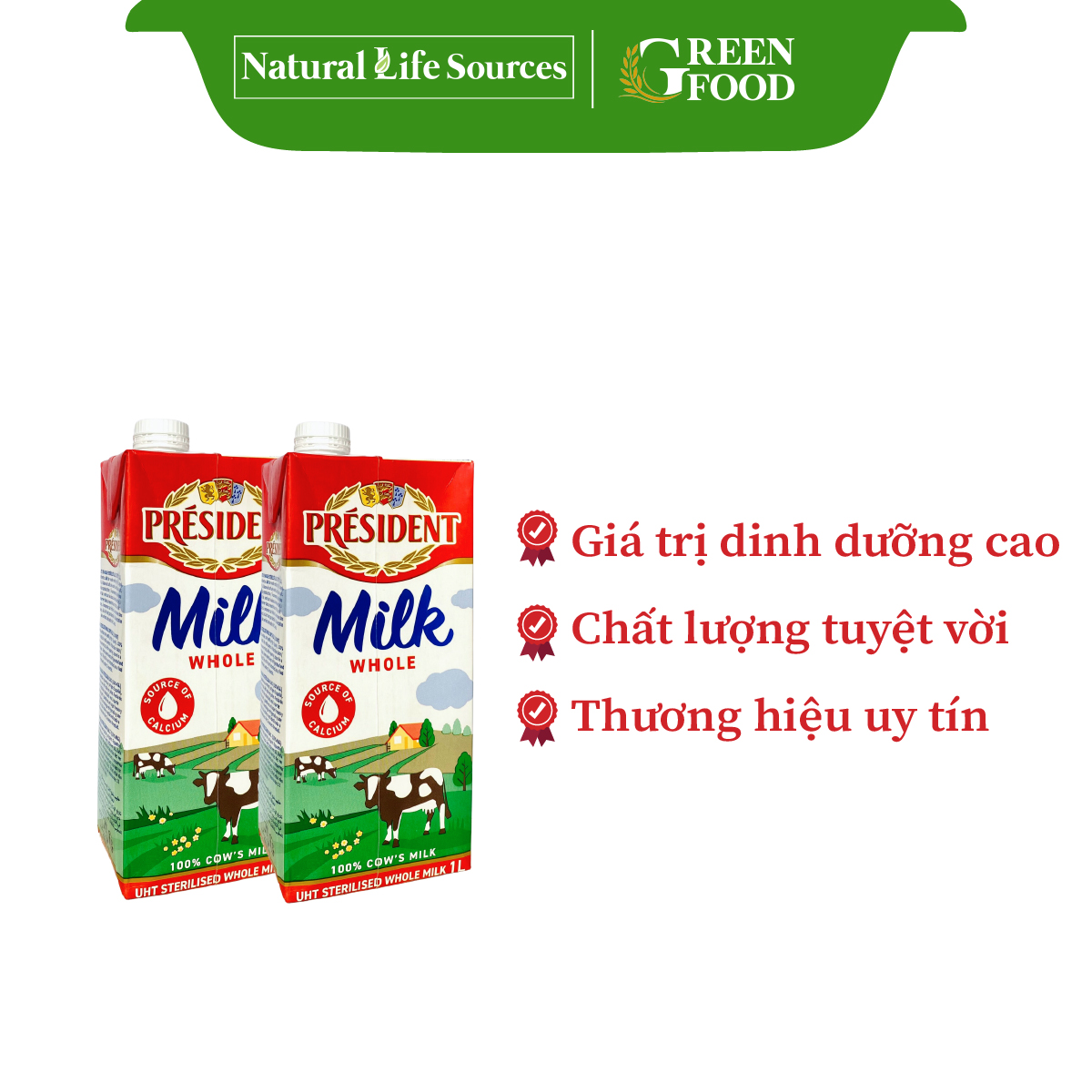 Combo 4 Hộp Sữa tươi tiệt trùng nguyên kem cao cấp President không đường | Hộp 1L - Nhập khẩu chính hãng từ Pháp.