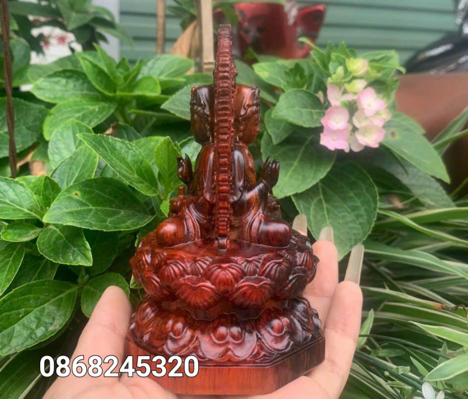 Tượng phật bà quán thế âm bồ tát mini khắc 2 mặt bằng gỗ trắc đỏ đen kt 13×6.5×6.5cm