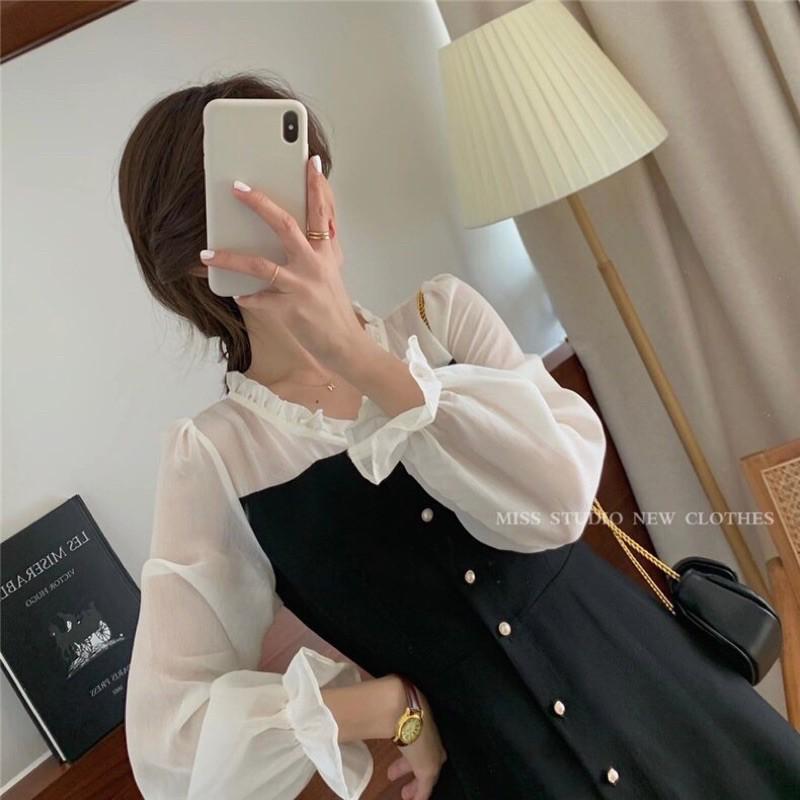 Đầm kaki phối tay voan