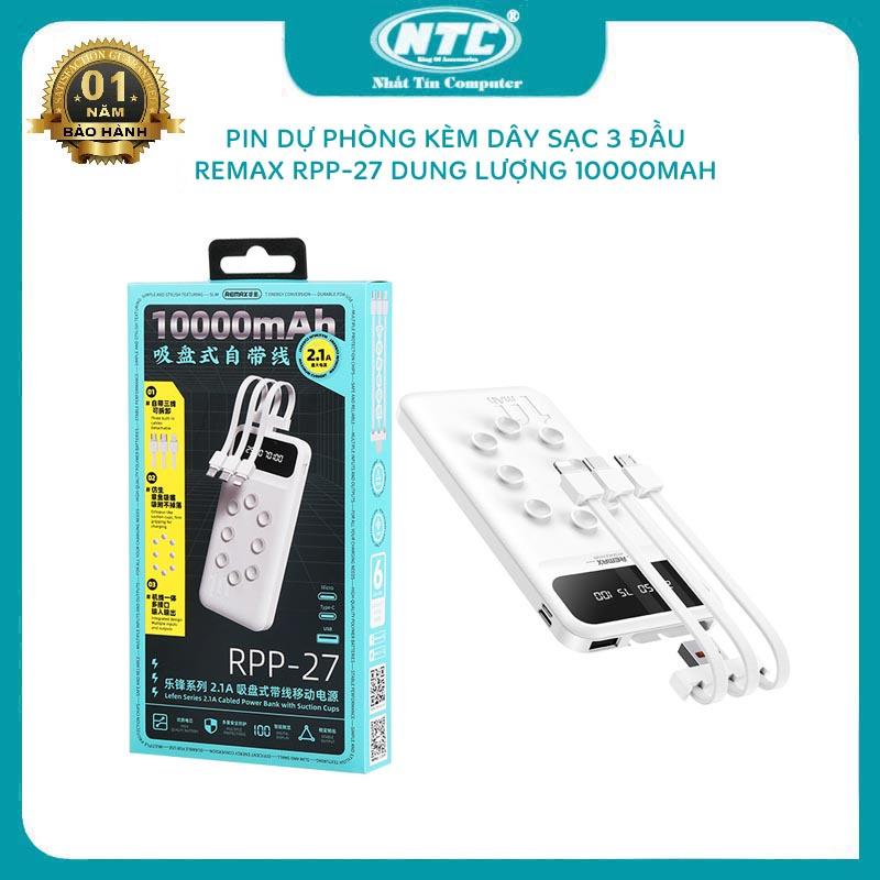 Pin dự phòng Remax 10000mAh RPP-27 Lefen Series kèm cáp 3 đầu - tích hợp cao su hít giữ (trắng) - Hàng Chính Hãng