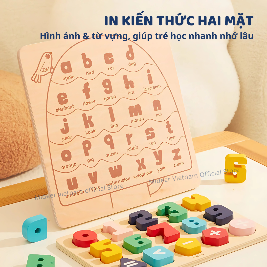Bảng ghép hình chữ cái, số , đồ vật và thức ăn Mideer wooden peg puzzles
