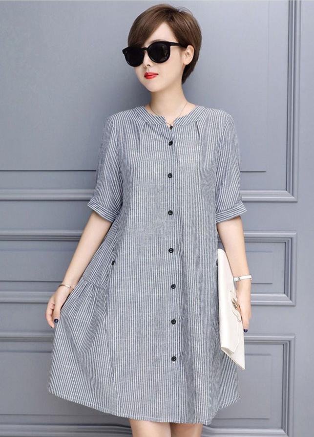 Đầm suông kẻ sọc cổ Tàu 2 túi bên - DS97