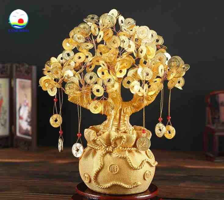 Cây Tài Lộc Đồng Xu Vàng Tặng Kèm Liễn Xu Đính Đá Trang Trí Ngày Tết