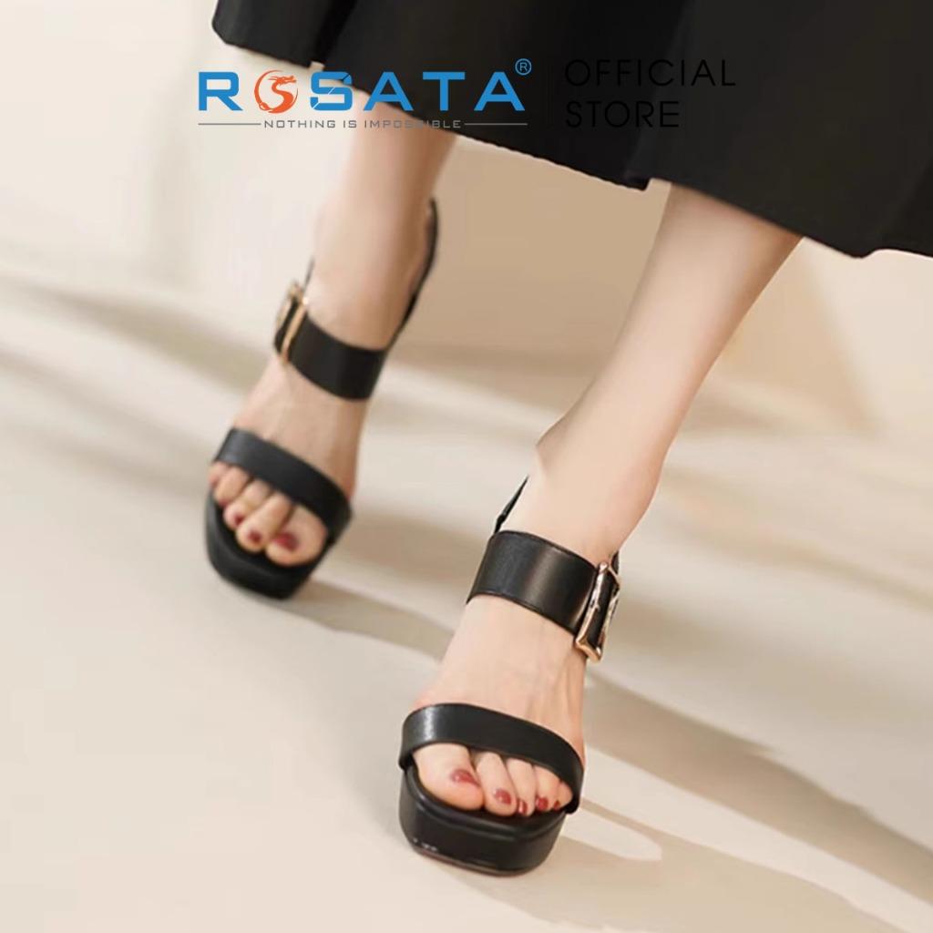 Giày sandal nữ đế cao 9 phân mũi vuông xỏ ngón quai ngang khóa cài dây mảnh ROSATA RO581 ( Bảo Hành 12 Tháng ) - ĐEN