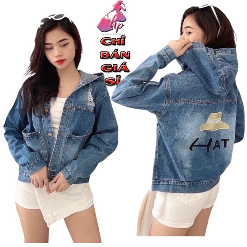 áo khoát jeans nữ có nón/ mũ cao cấp thêu hoạ tiết thời trang 2021