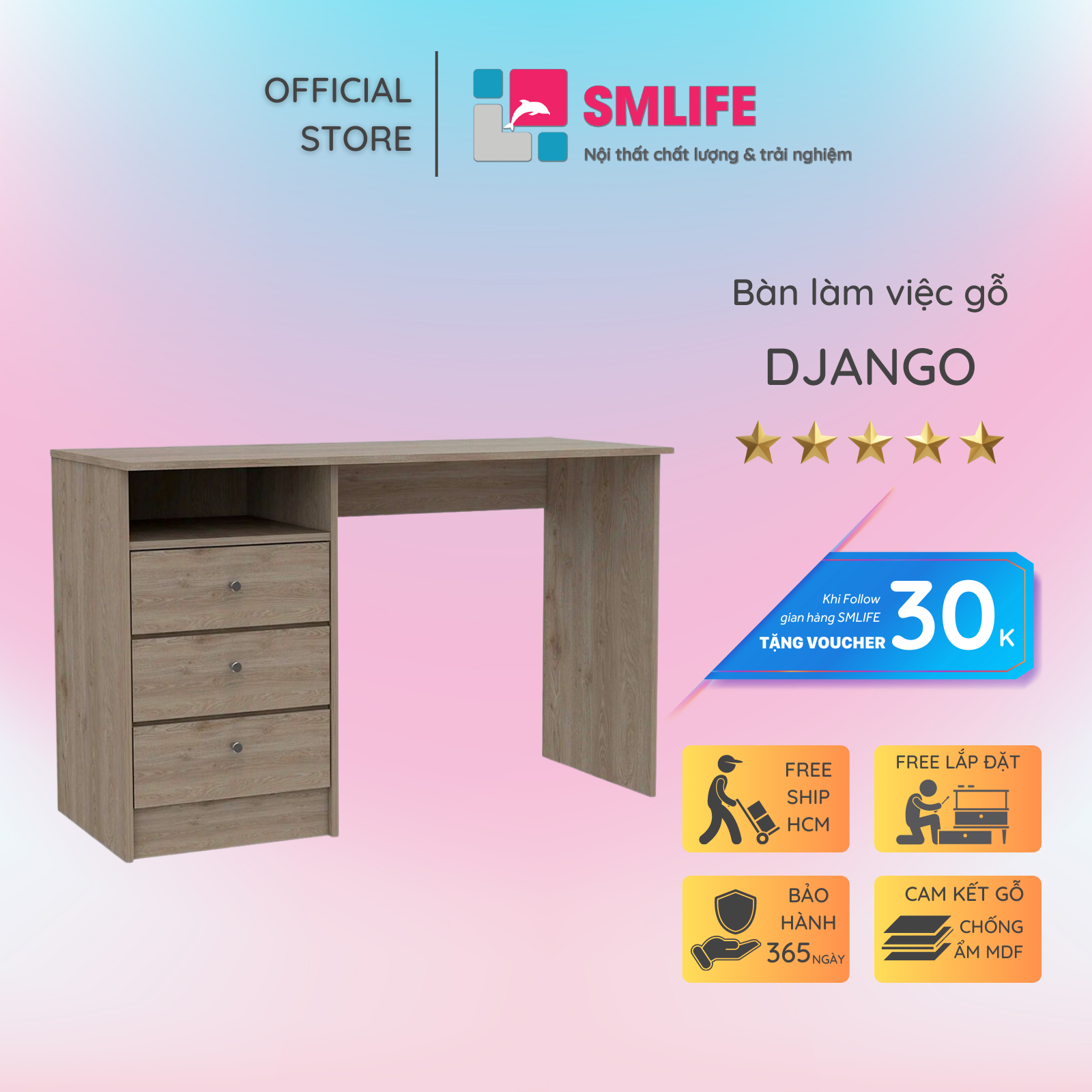 Bàn làm việc, bàn học gỗ hiện đại SMLIFE Django | Gỗ MDF dày 17mm chống ẩm | D120xR50xC75cm