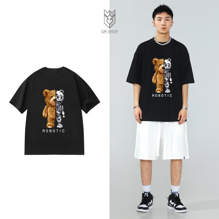 Áo thun tay lỡ Unisex form rộng in hình gấu Robo hot trend áo phông nam nữ vải cotton co dãn - GW Shop