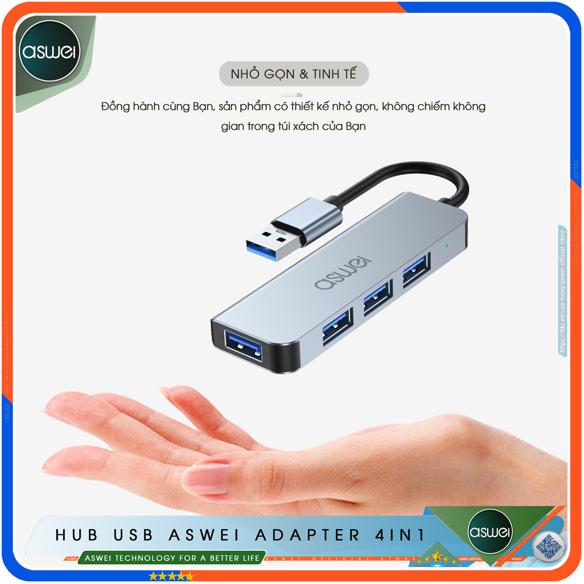 Hub Type C Và Hub USB ASWEI 4 in 1 To USB 3.0 - Hub Chuyển Đổi USB Type C - Cổng Chia USB, Ổ Chia USB Tốc Độ Cao Dành Cho Macbook, Laptop, PC, Máy Tính Bảng, Điện Thoại - Hàng Chính Hãng