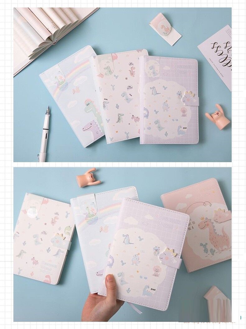 Sổ tay da A5 trang trí từng trang Khủng Long Pastel Tinh Nghịch kèm bookmark