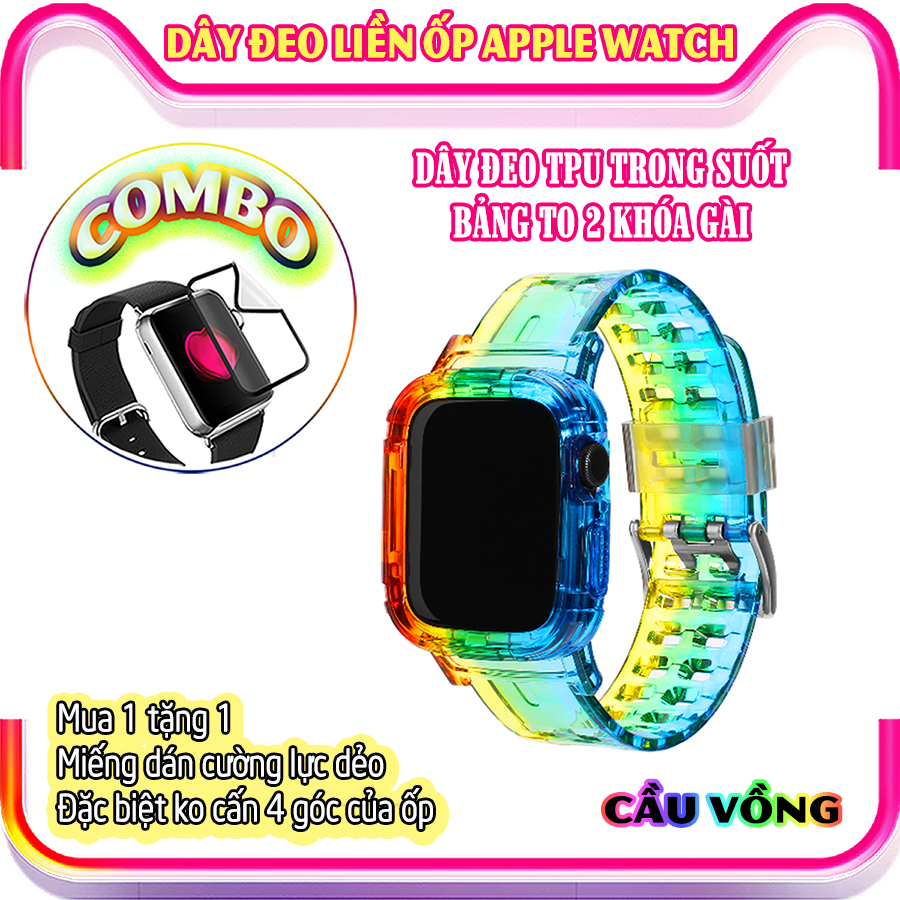 Dây đeo liền ốp dành cho Apple Watch 7/6/5/4/3/2/1 size 38/40/41/42/44/45mm TPU trong suốt bản to 2 khóa gài - nhiều màu (tặng cường lực dẻo theo size)