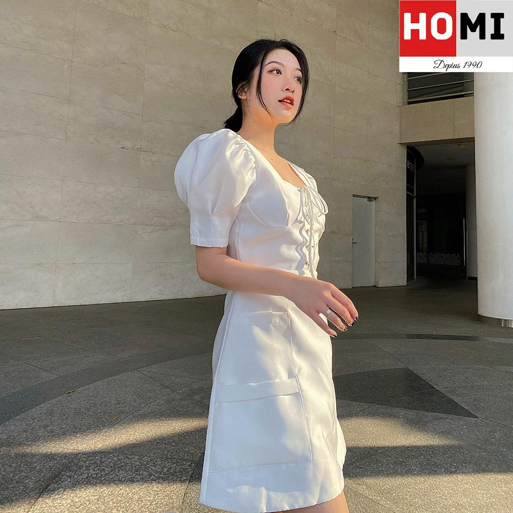 Đầm trắng cổ vuông thắt dây ngực tay phồng Homi Fashion
