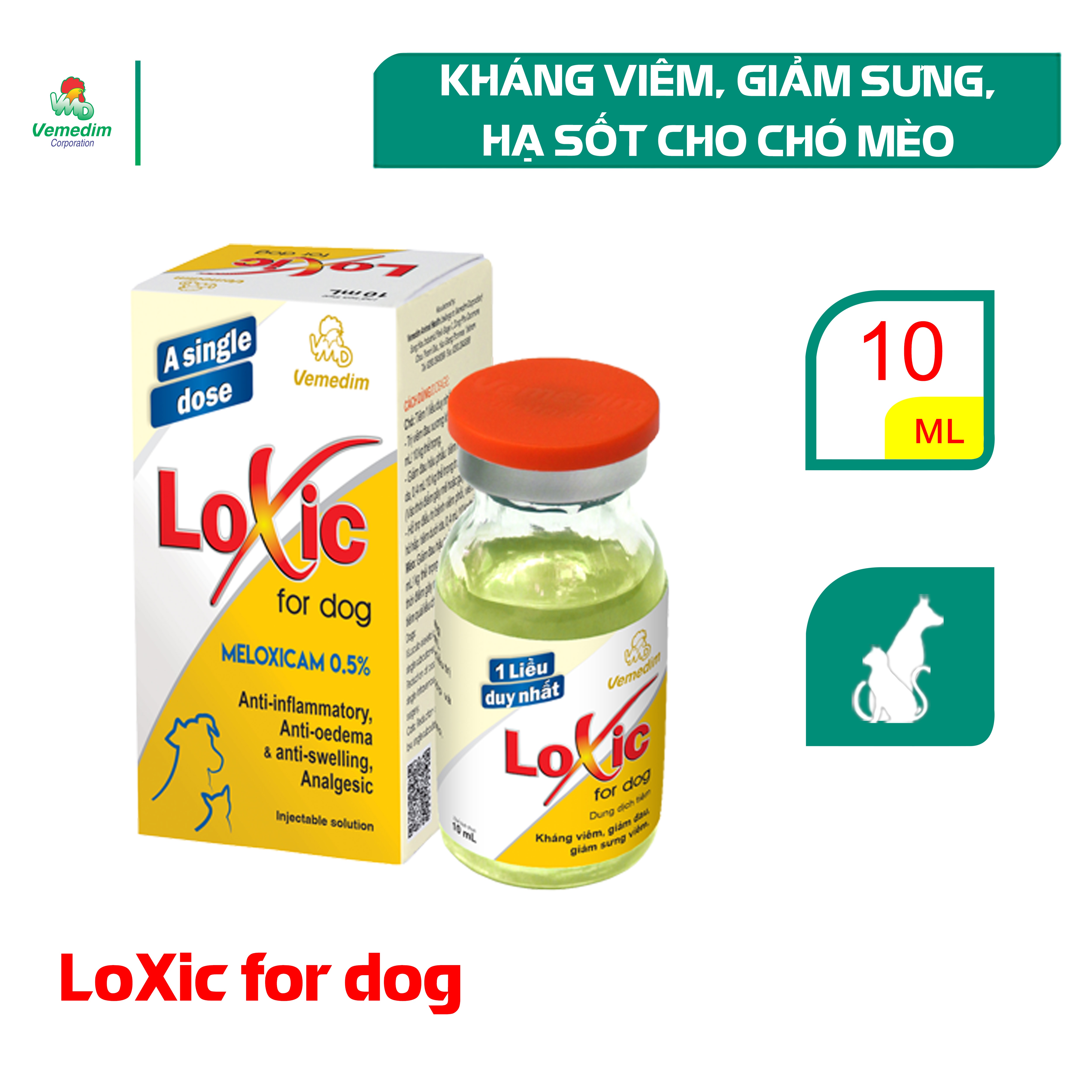 Vemedim Loxic for dog thuốc tiêm giảm sưng viêm, kháng viêm, giảm đau, tiêm 1 liều duy nhất, chai 10ml