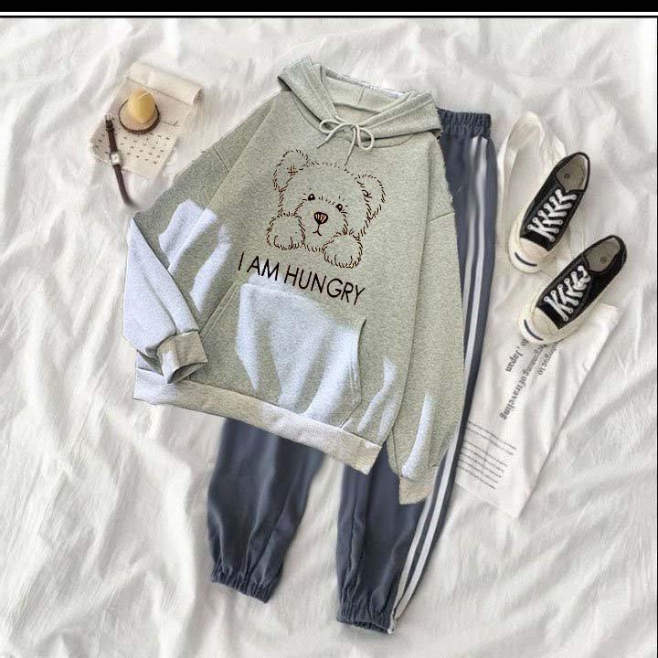 Set bộ áo hoodie nam nữ gấu nâu hunry chất nỉ bông siêu dày , phom rộng size từ 37 đến 65kg kèm quần 2 sọc bo xám