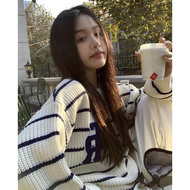 Áo sweater len dệt kim nữ tay dài form dáng rộng họa tiết kẻ sọc ngang oversize thời trang Hàn Quốc chất đẹp D-14