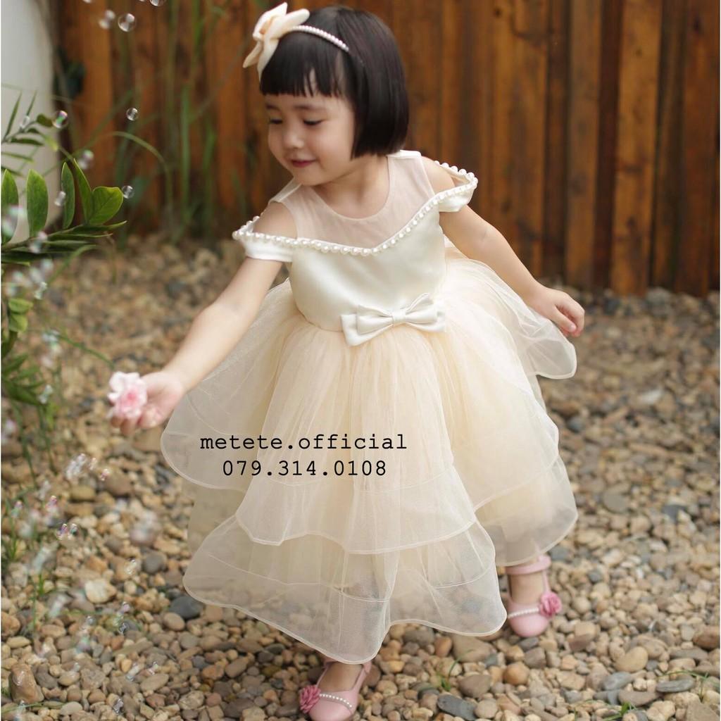 Váy đầm công chúa thiết kế cho bé gái vai trễ mix ngọc tầng bông xòe - Mẹ Tê Tê