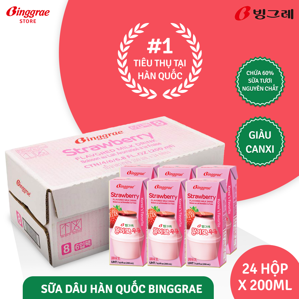 Thùng Sữa Dâu Hàn Quốc Binggrae Strawberry Milk (200ml x 24 hộp)