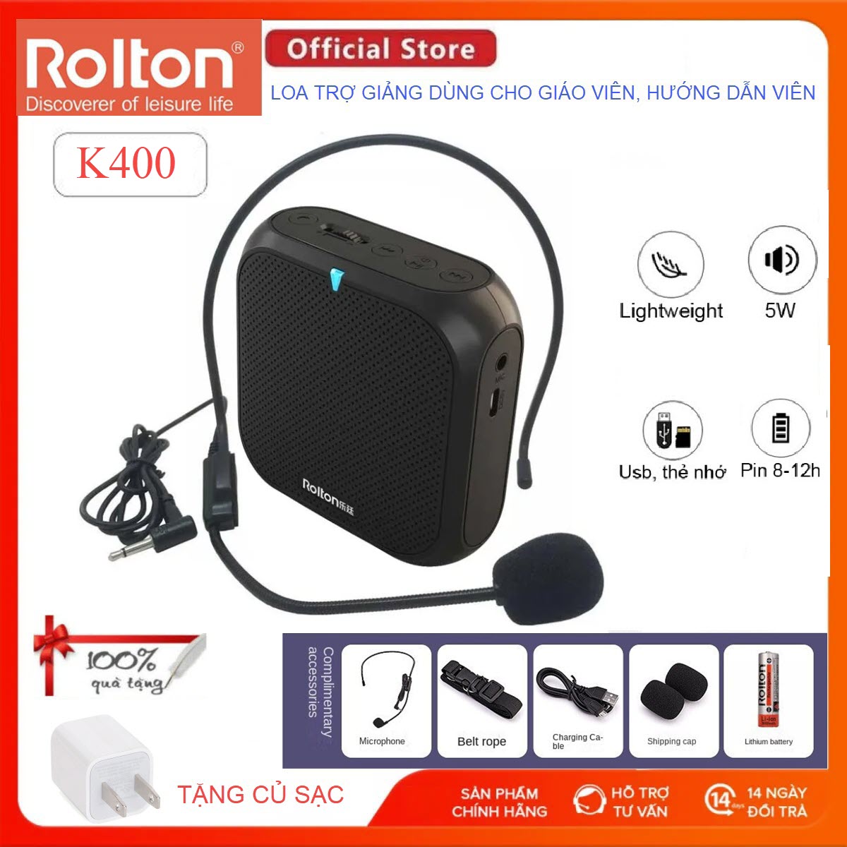 Máy Trợ Giảng Rolton K400 Chuyên Dùng Cho Giáo Viên, Hướng Dẫn Viên Du Lịch Nhỏ Gọn, Công Suất Loa 5W, Pin Dung Lượng Cao, Thời Gian Sử Dụng Lên Tới 8h. Rolton K400 Portable Voice Amplifier Wired Mini Audio Speaker FM Radio MP3 Teacher - Hàng Chính Hãng