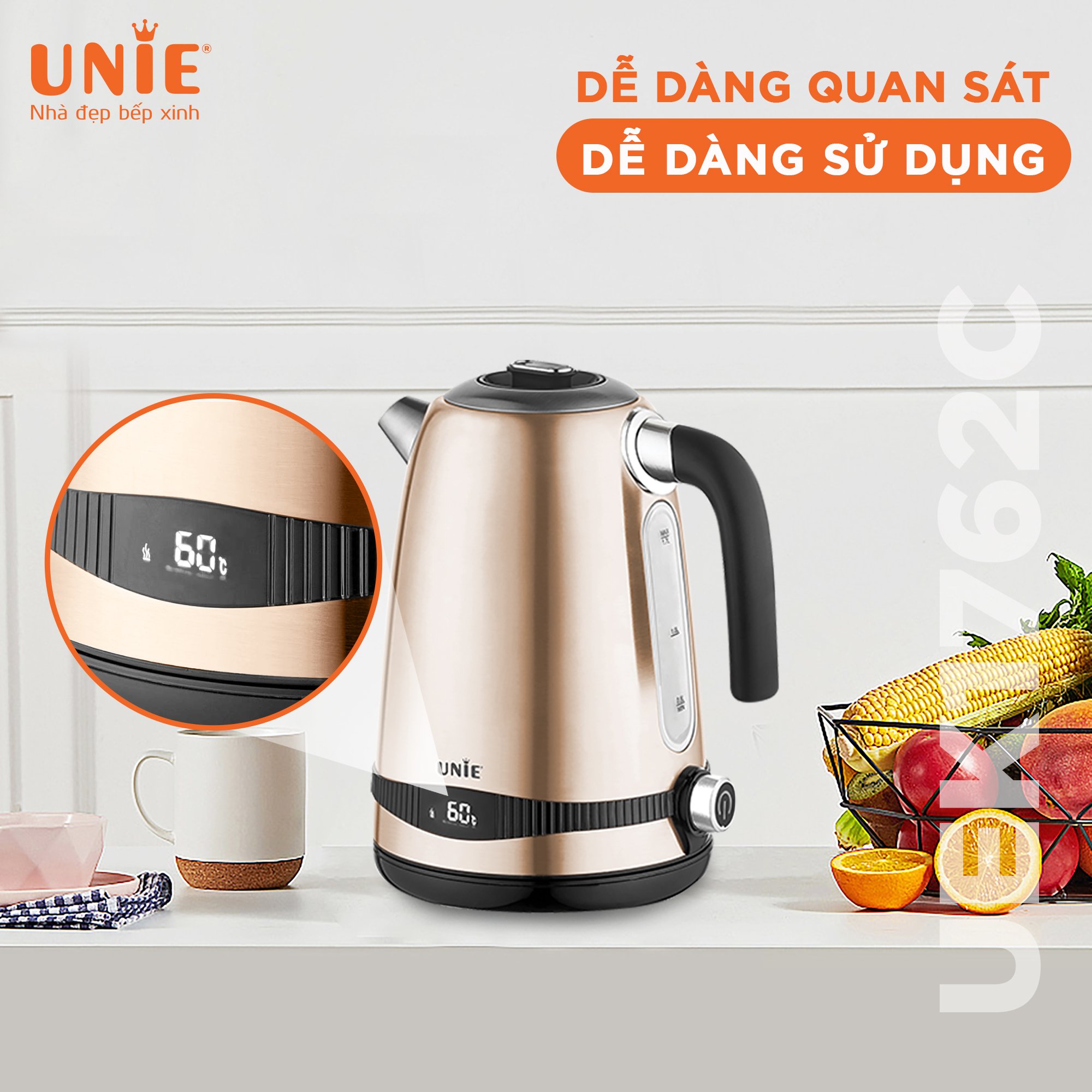 Ấm Siêu Tốc Cao Cấp UNIE UEK1762C Tiêu Chuẩn Đức Vỏ 5 Lớp Inox Sang Trọng, Dung Tích 1.7 Lít Công Suất Cao 2200 W - Hàng Chính Hãng