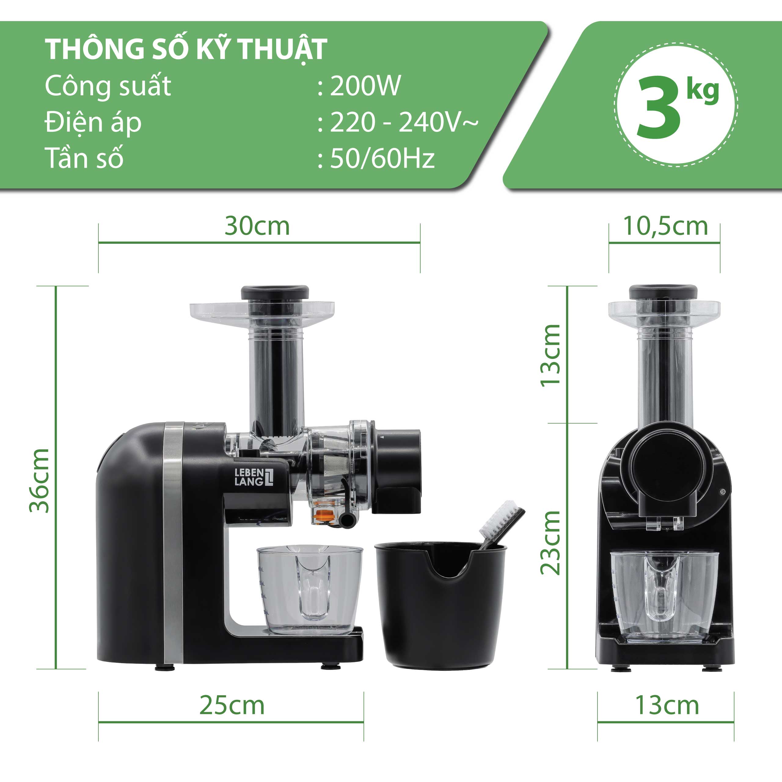 Máy ép chậm đa năng LEBENLANG trục ngang, dung tích 400ml, công suất 200W, model LBSS2204 - hàng chính hãng
