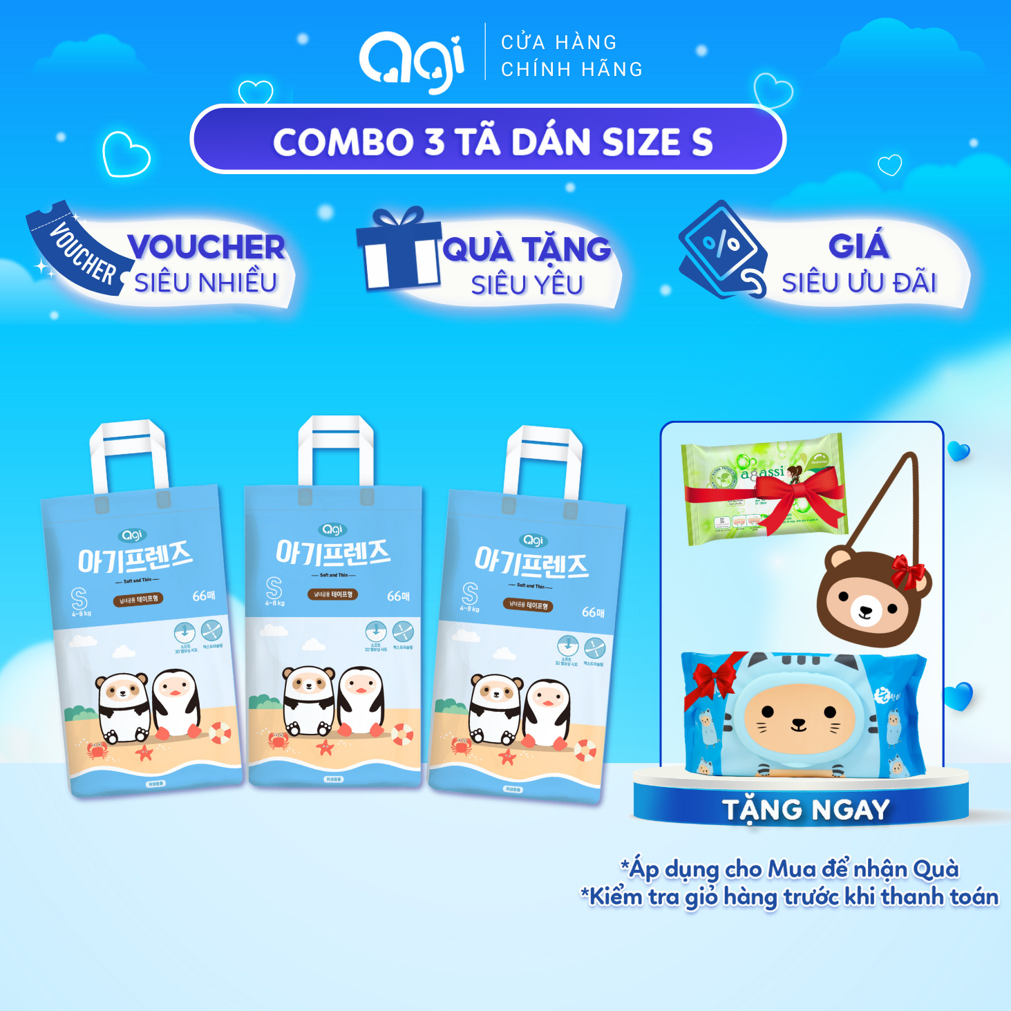 Combo 3 Tã/Bỉm DÁN AGI Siêu Mỏng 3mm Size S66/M60/L54, Đủ Size Từ 4 - 14 Kg