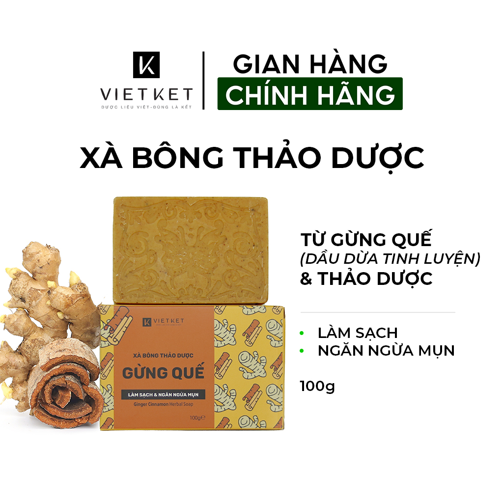 Cục Xà Bông Thảo Dược Gừng Quế VIETKET 100g - Làm Sạch, Giảm Mụn Lưng, Sáng Da, Duy Trì Độ Ẩm, Hương Thơm Thảo Dược