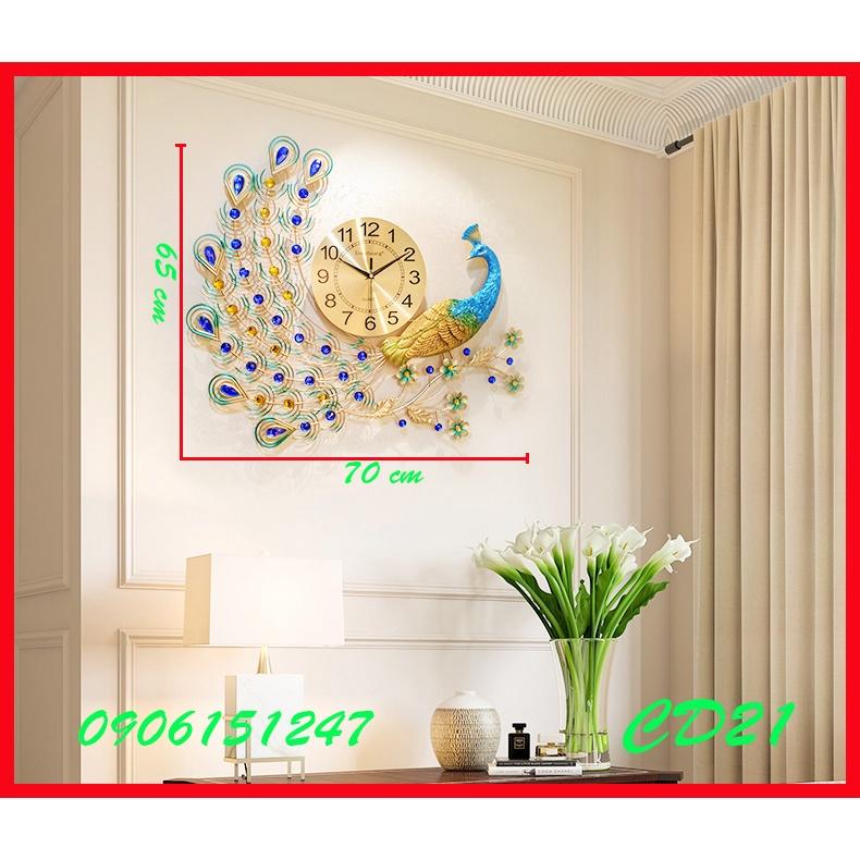 Đồng hồ treo tường trang trí decor chim công CD21 Khổng Tước xanh kích thước 70 x 65 cm