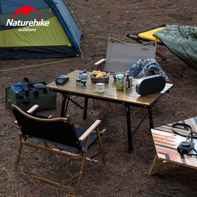 Bàn nhôm mặt vân gỗ gấp gọn cắm trại, dã ngoại NatureHike NH19Z003-D điều chỉnh được độ cao chân bàn