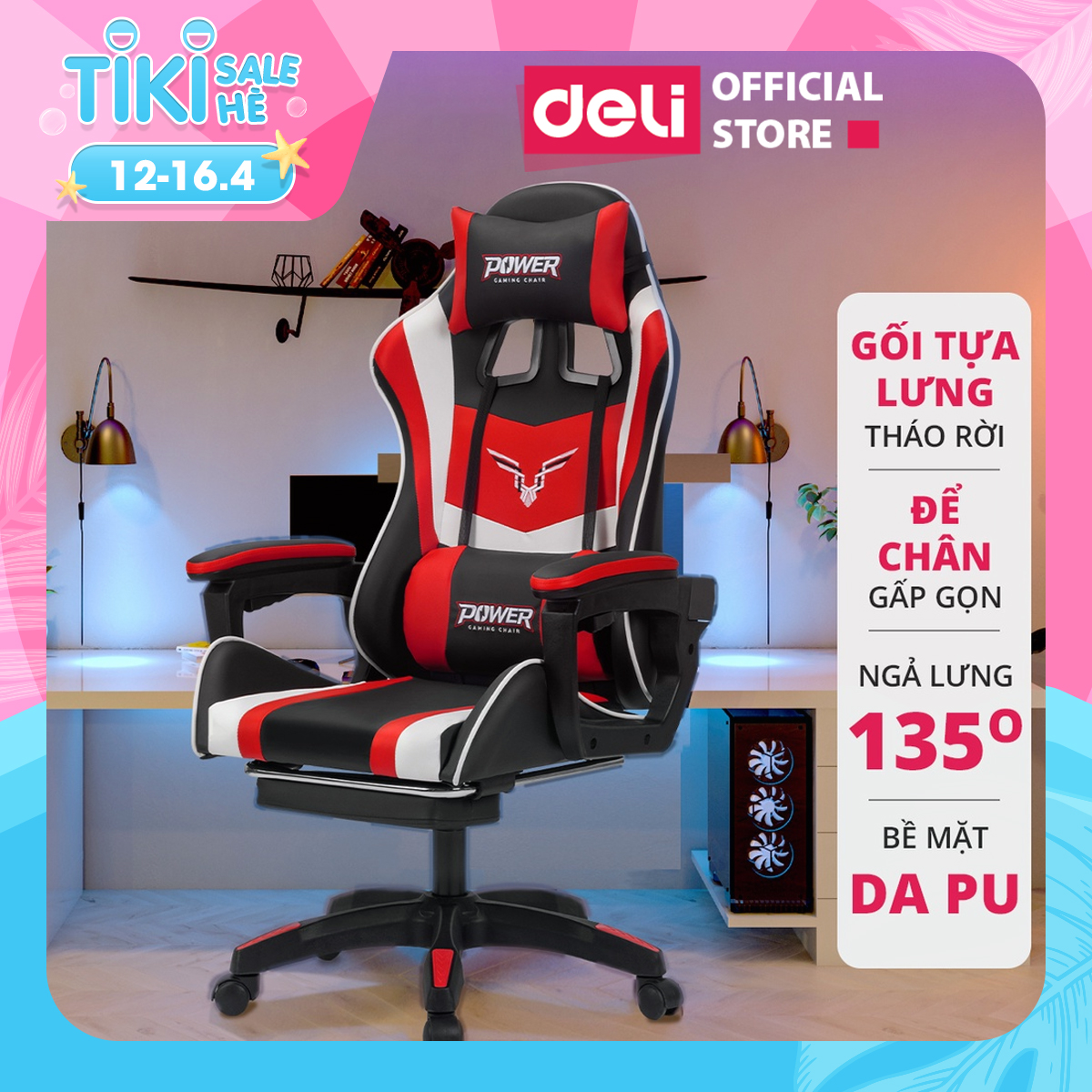 Ghế Gaming Chơi Game Deli - Bọc Da Cao Cấp - Có Gác Chân Thông Minh - Phù Hợp Game Thủ Văn Phòng Làm Việc Học Sinh Gối Tựa Lưng - Hàng Chính Hãng - E4927